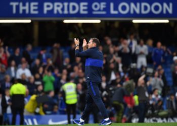 Chelsea's English head coach Frank Lampard applauds supporters on the pitch after the English Premier League football match between Chelsea and Liverpool at Stamford Bridge in London on September 22, 2019. - Liverpool won the game 2-1. (Photo by Ben STANSALL / AFP) / RESTRICTED TO EDITORIAL USE. No use with unauthorized audio, video, data, fixture lists, club/league logos or 'live' services. Online in-match use limited to 120 images. An additional 40 images may be used in extra time. No video emulation. Social media in-match use limited to 120 images. An additional 40 images may be used in extra time. No use in betting publications, games or single club/league/player publications. /         (Photo credit should read BEN STANSALL/AFP/Getty Images)