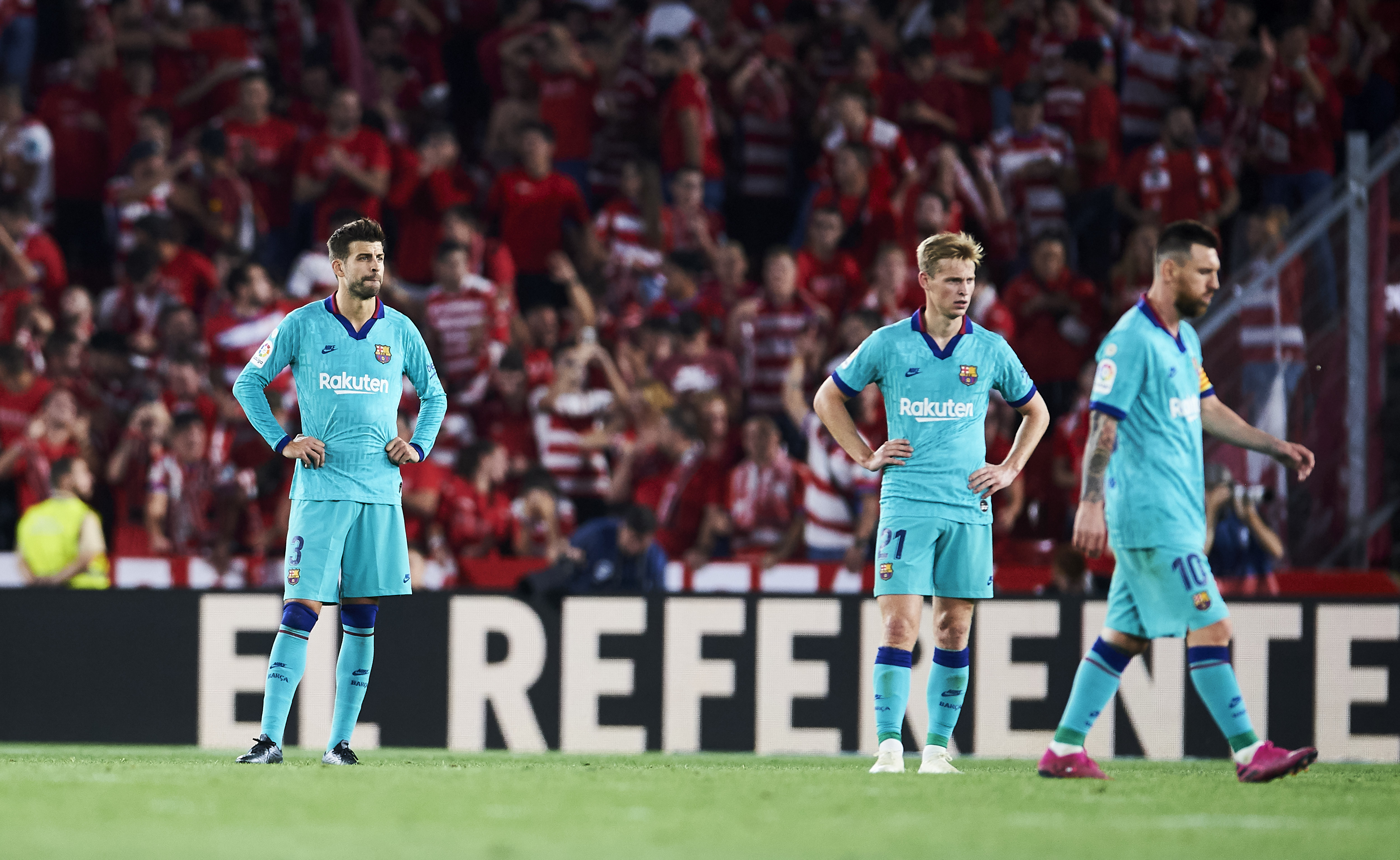 GRANADA, SPAIN - SEPTEMBER 21: Gerard Pique of FC Barcelona reacts during the Liga match between Granada CF and FC Barcelona at Estadio Nuevo Los Carmenes on September 21, 2019 in Granada, Spain. (Photo by Aitor Alcalde/Getty Images)