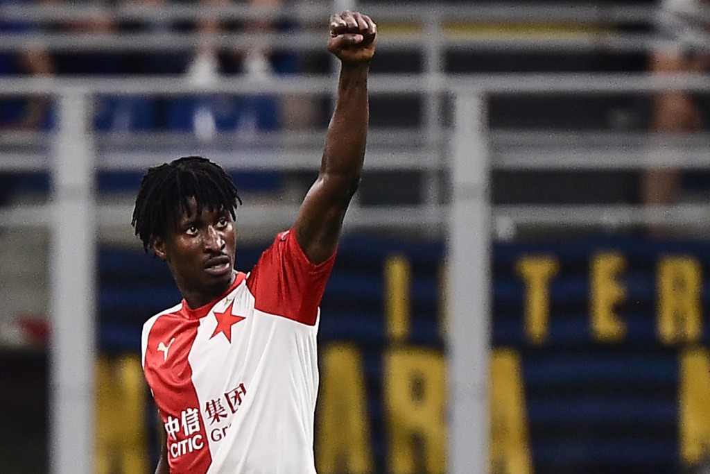 Slavia Prague's Nigerian forward Peter Olayinka celebrates after opening the scoring during the UEFA Champions League Group F football match Inter Milan vs Slavia Prague on September 17, 2019 at the San Siro stadium in Milan. (Photo by Marco Bertorello / AFP) (Photo credit should read MARCO BERTORELLO/AFP/Getty Images)