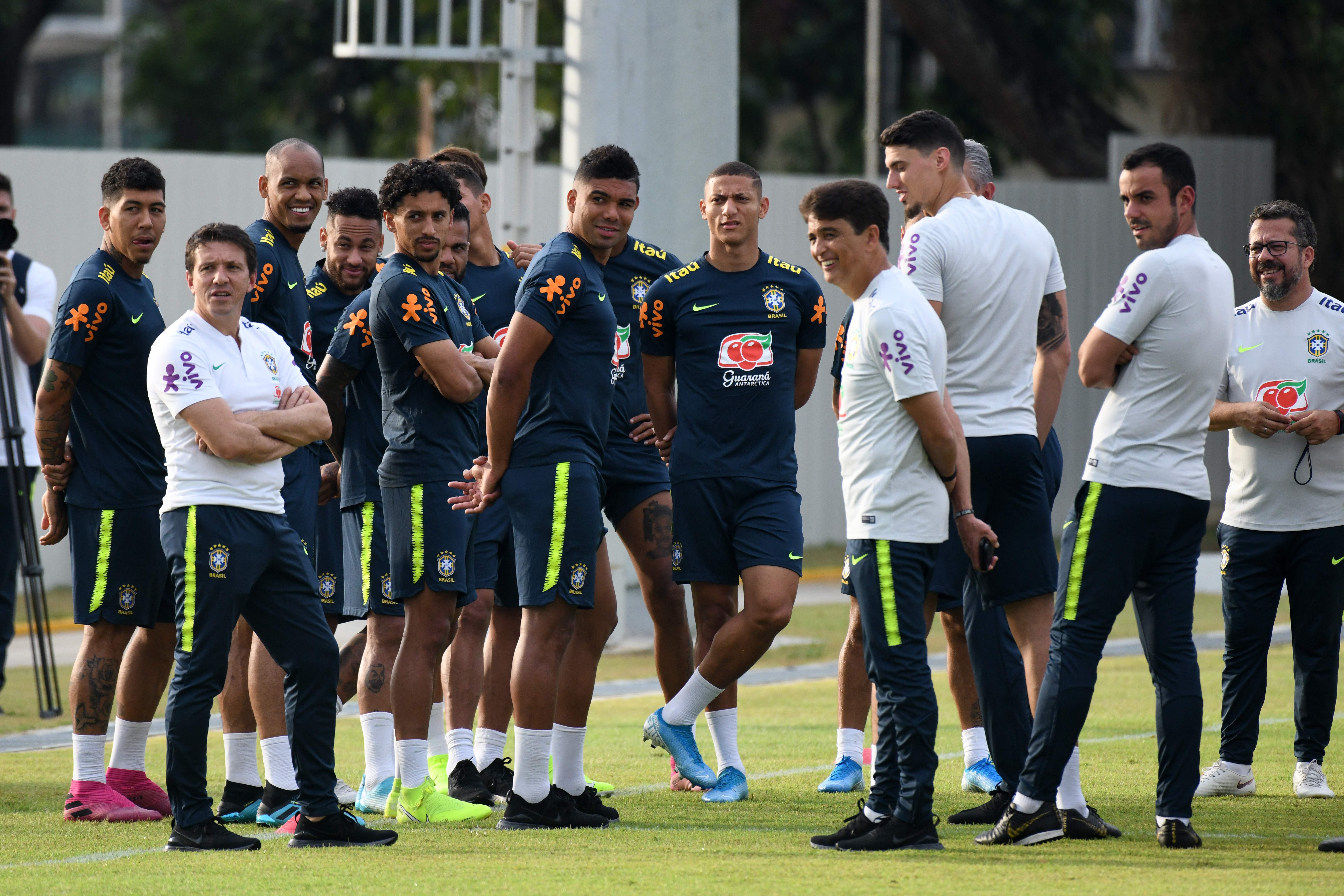 Brazil's football squad attends a training session in Singapore on October 7, 2019, ahead of their friendly international football matches against Senegal and Nigeria. (Photo by ROSLAN RAHMAN / AFP) (Photo by ROSLAN RAHMAN/AFP via Getty Images)