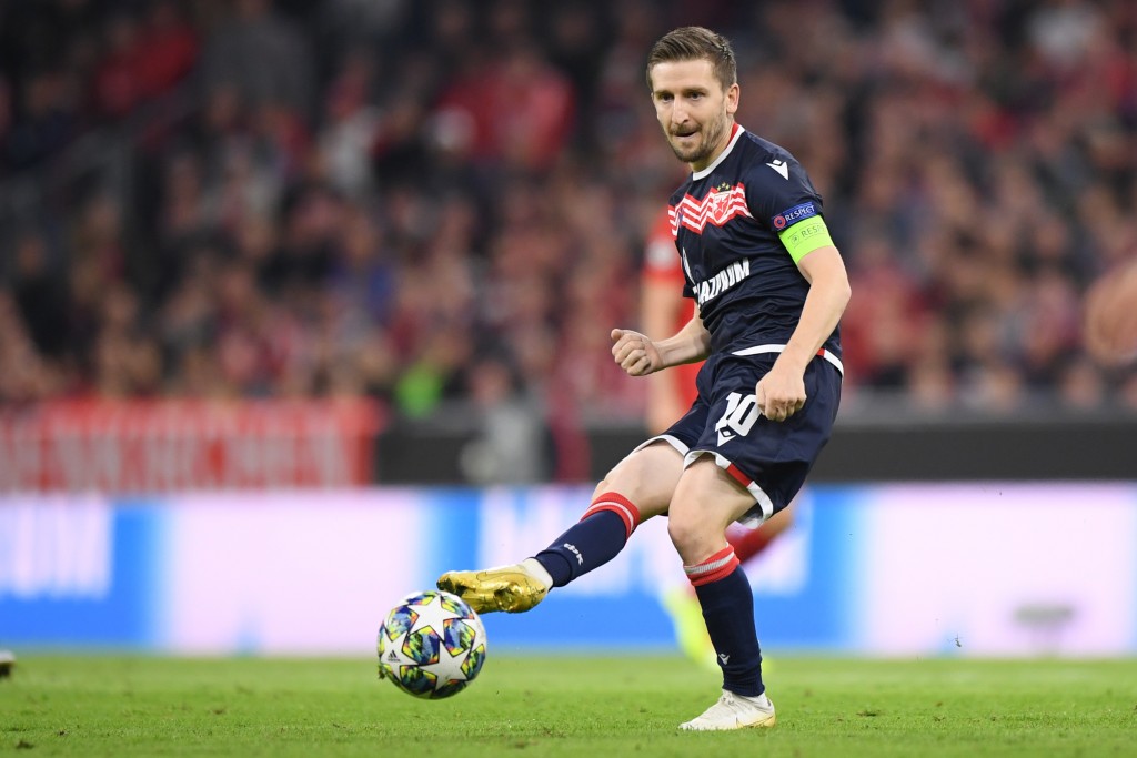 MUNICH, GERMANY - SEPTEMBER 18: Marko Marin of Crvena Zvezda plays the ball during the UEFA Champions League group B match between Bayern Muenchen and Crvena Zvezda at Allianz Arena on September 18, 2019 in Munich, Germany. (Photo by Sebastian Widmann/Bongarts/Getty Images)