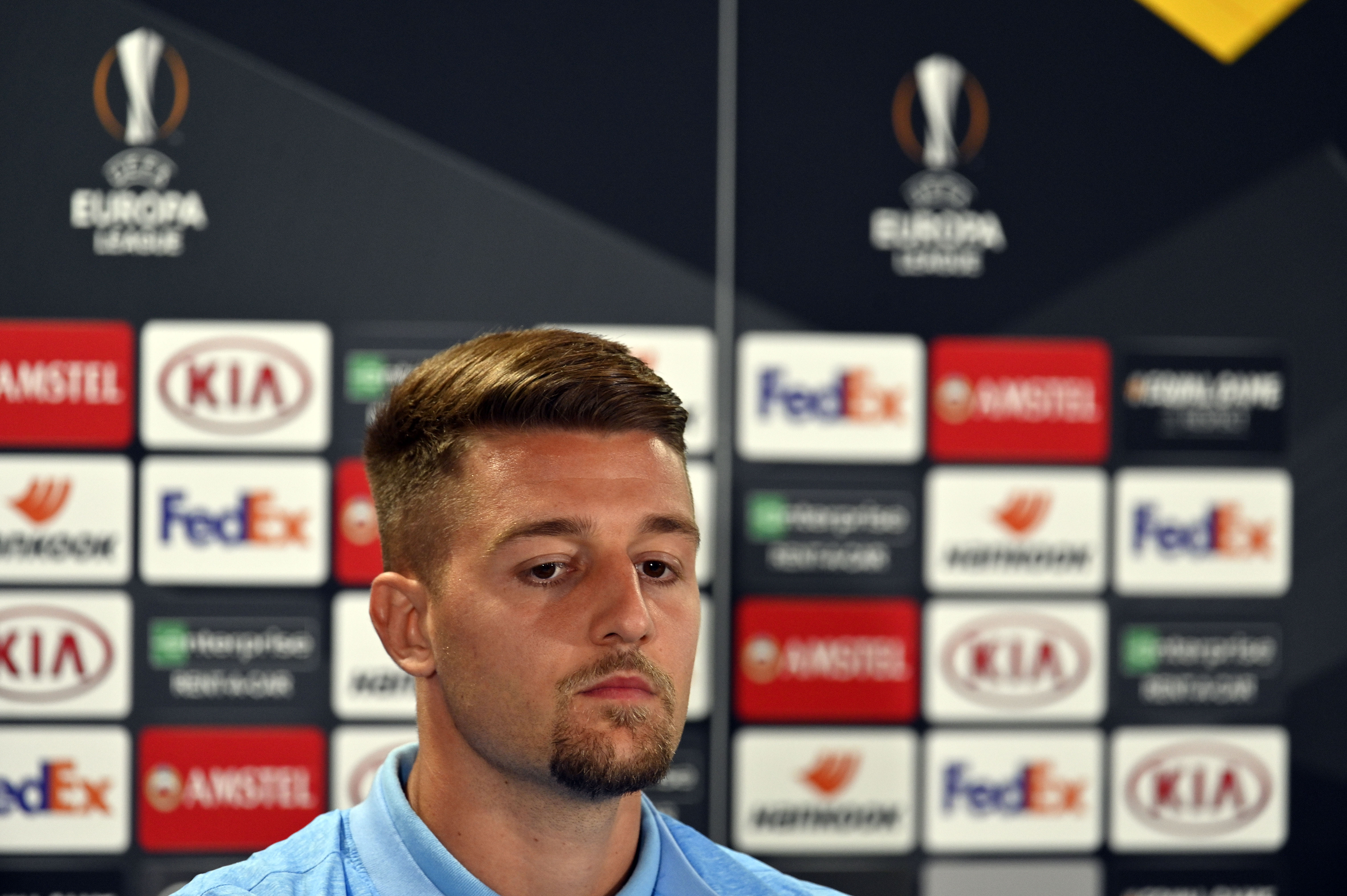 GLASGOW, SCOTLAND - OCTOBER 23: Sergej Milinkovic Savic of SS Lazio during the SS Lazio press conference at the Celtic Park stadium on October 23, 2019 in Glasgow, Scotland. (Photo by Marco Rosi/Getty Images)