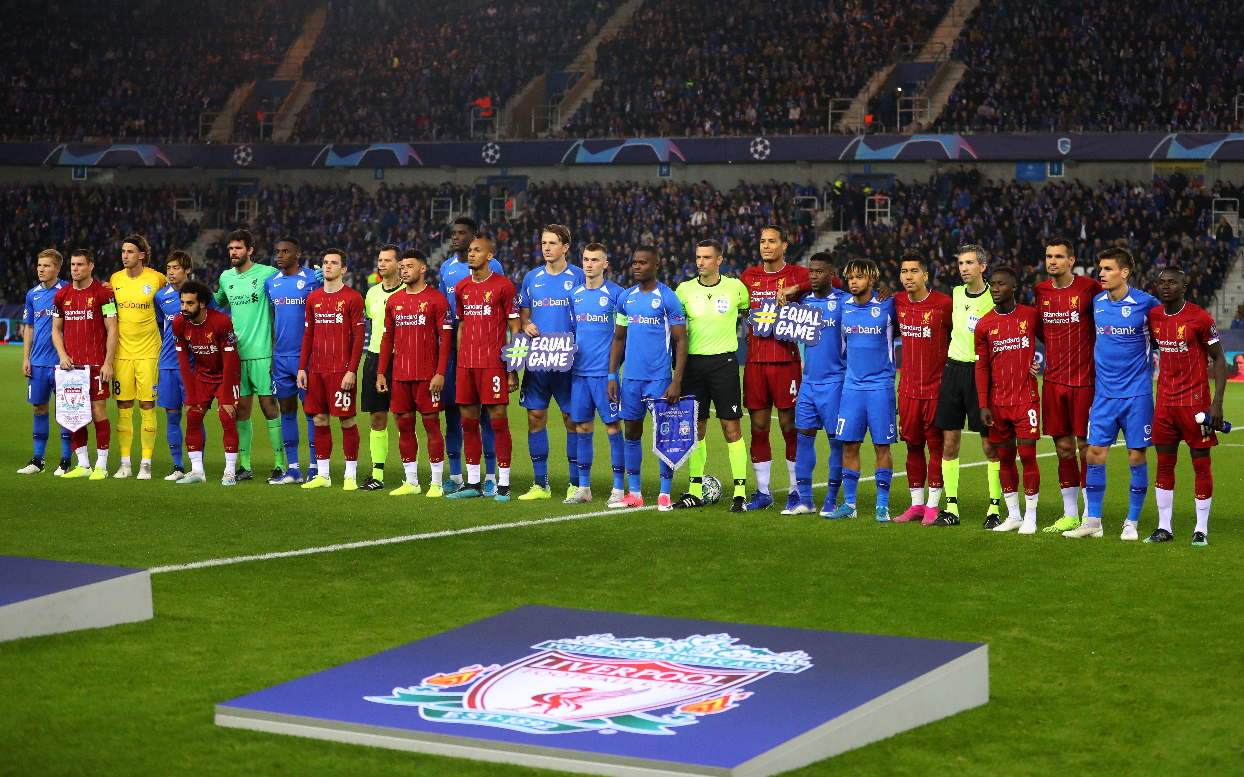 GENK, BELGIUM - OCTOBER 23: Players from both teams pose together for an equal game group photo prior to the UEFA Champions League group E match between KRC Genk and Liverpool FC at Luminus Arena on October 23, 2019 in Genk, Belgium. (Photo by Catherine Ivill/Getty Images)
