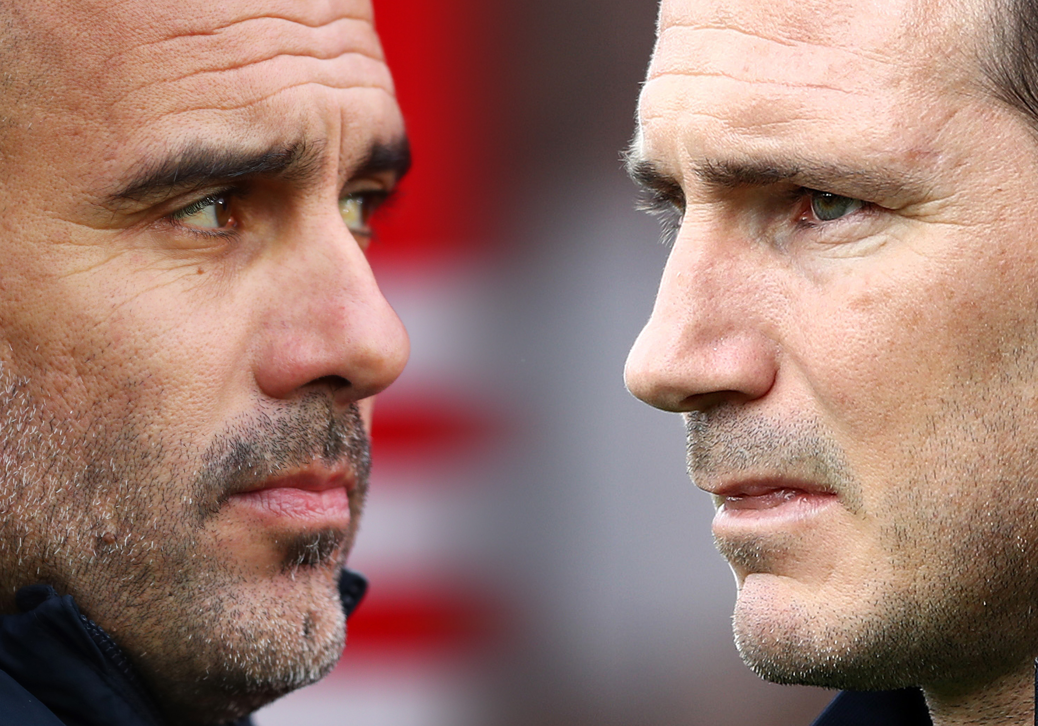 FILE PHOTO (EDITORS NOTE: COMPOSITE OF IMAGES - Image numbers 1089388290,1179353482 - GRADIENT ADDED) In this composite image a comparison has been made between Pep Guardiola, manager of Manchester City and Frank Lampard, Manager of Chelsea. Manchester City and Chelsea FC meet in a Premier League fixture on November 23,2019 at the Etihad Stadium in Manchester,England. ***LEFT IMAGE*** SOUTHAMPTON, ENGLAND - DECEMBER 30: Pep Guardiola, manager of Manchester City looks on before the Premier League match between Southampton FC and Manchester City at St Mary's Stadium on December 30, 2018 in Southampton, United Kingdom. (Photo by Dan Istitene/Getty Images) ***RIGHT IMAGE*** SOUTHAMPTON, ENGLAND - OCTOBER 06: Frank Lampard, Manager of Chelsea looks on prior to the Premier League match between Southampton FC and Chelsea FC at St Mary's Stadium on October 06, 2019 in Southampton, United Kingdom. (Photo by Bryn Lennon/Getty Images)