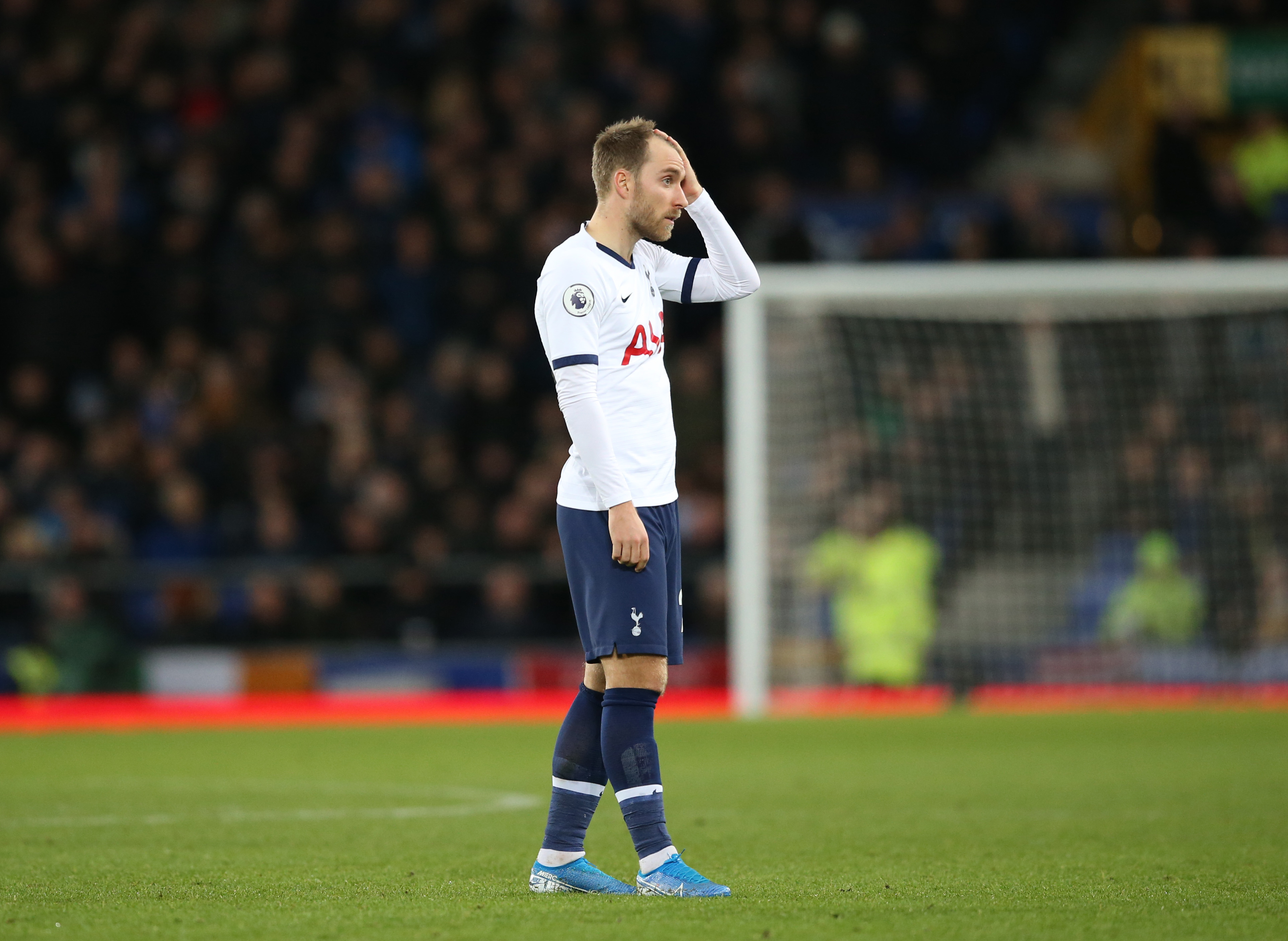 LIVERPOOL, ENGLAND - NOVEMBER 03: Christian Eriksen of Tottenham Hotspur looks on during the Premier League match between Everton FC and Tottenham Hotspur at Goodison Park on November 03, 2019 in Liverpool, United Kingdom. (Photo by Jan Kruger/Getty Images)