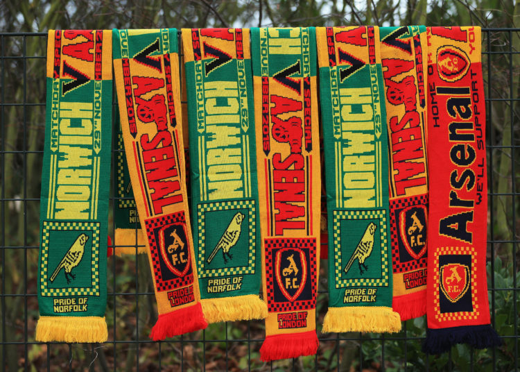 NORWICH, ENGLAND - NOVEMBER 29:  Scarves for sale prior to the Barclays Premier League match between Norwich City and Arsenal at Carrow Road on November 29, 2015 in Norwich, England.  (Photo by Stephen Pond/Getty Images)