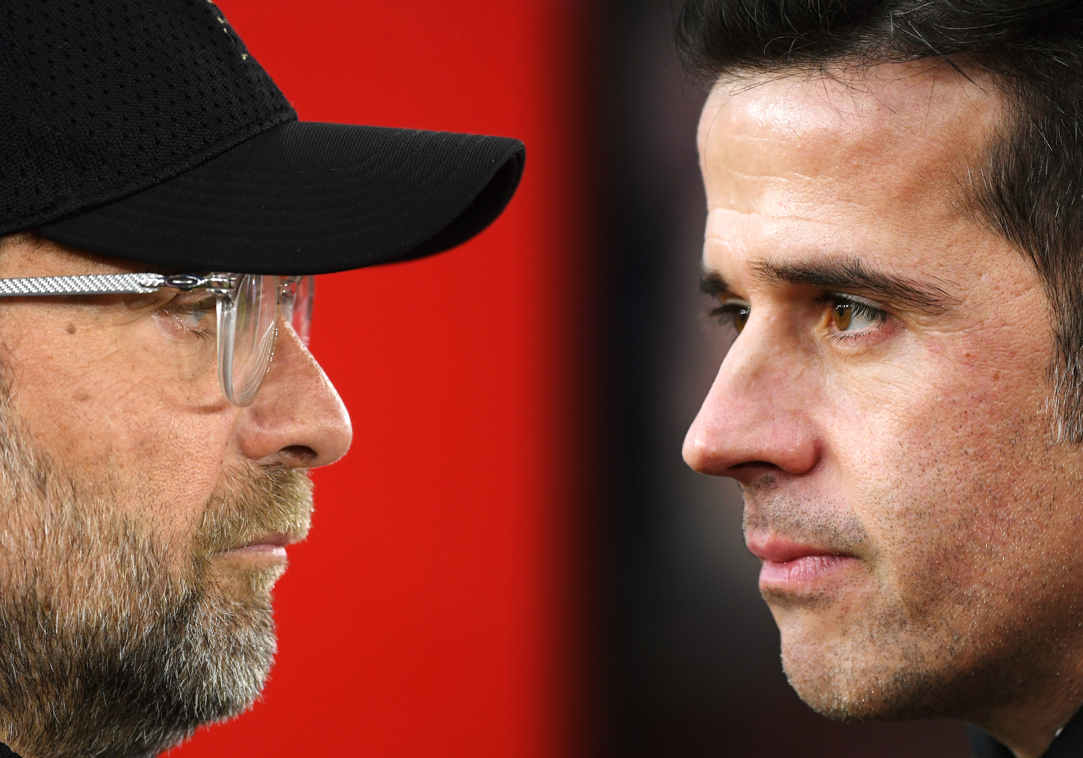 FILE PHOTO (EDITORS NOTE: COMPOSITE OF IMAGES - Image numbers 1140640499,1075101536 - GRADIENT ADDED) In this composite image a comparison has been made between Jurgen Klopp, Manager of Liverpool (L) and Everton manager Marco Silva. Liverpool and Everton will meet in the Merseyside Derby on December 4,2019 in Liverpool,England. ***LEFT IMAGE*** SOUTHAMPTON, ENGLAND - APRIL 05: Jurgen Klopp, Manager of Liverpool looks on prior to the Premier League match between Southampton FC and Liverpool FC at St Mary's Stadium on April 05, 2019 in Southampton, United Kingdom. (Photo by Mike Hewitt/Getty Images) ***RIGHT IMAGE*** BURNLEY, ENGLAND - DECEMBER 26: Everton manager Marco Silva looks on from the touchline during the Premier League match between Burnley FC and Everton FC at Turf Moor on December 26, 2018 in Burnley, United Kingdom. (Photo by Stu Forster/Getty Images)