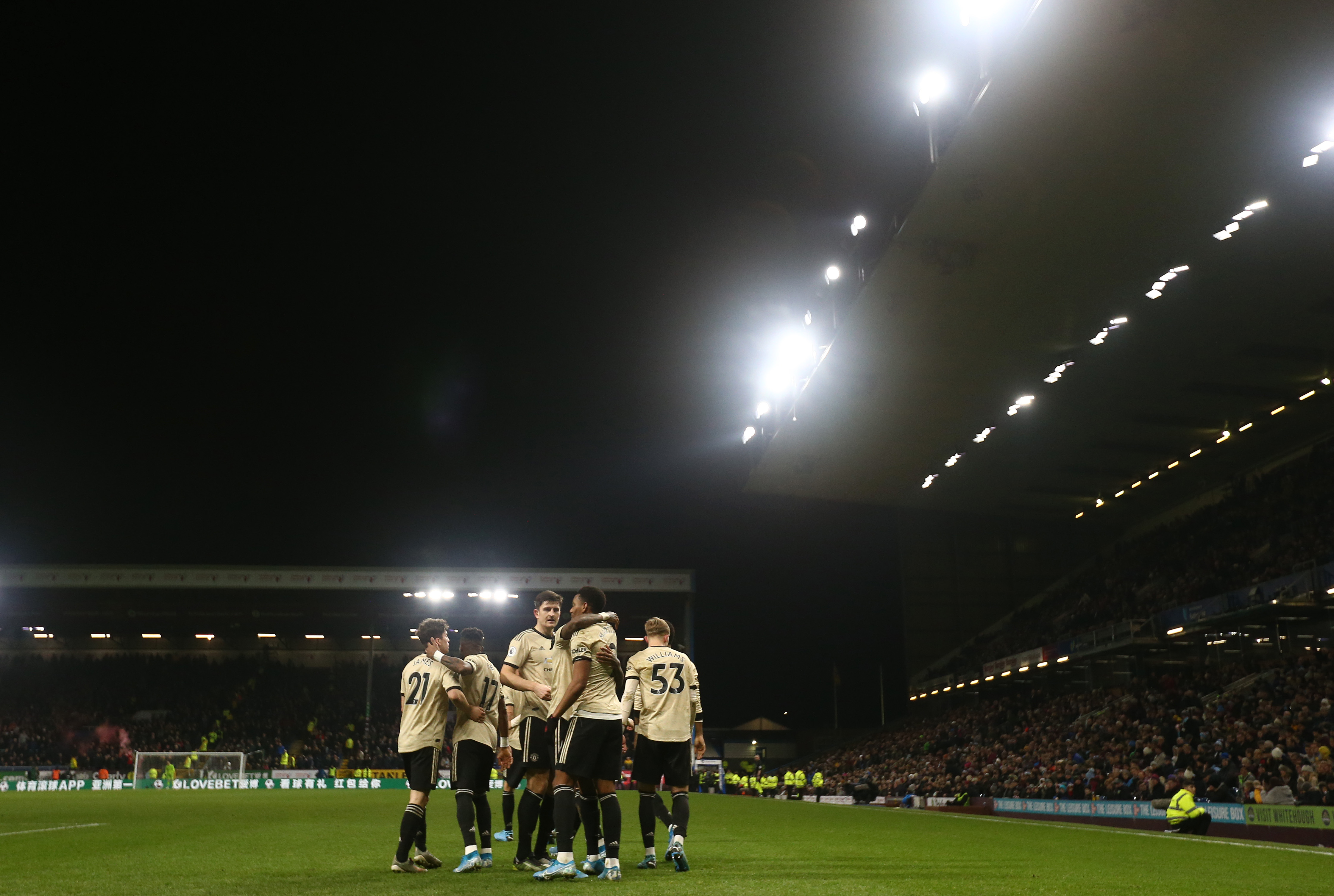 BURNLEY, ENGLAND - DECEMBER 28: Anthony Martial of Manchester United celebrates with teammates after scoring his teams first goal during the Premier League match between Burnley FC and Manchester United at Turf Moor on December 28, 2019 in Burnley, United Kingdom. (Photo by Jan Kruger/Getty Images)