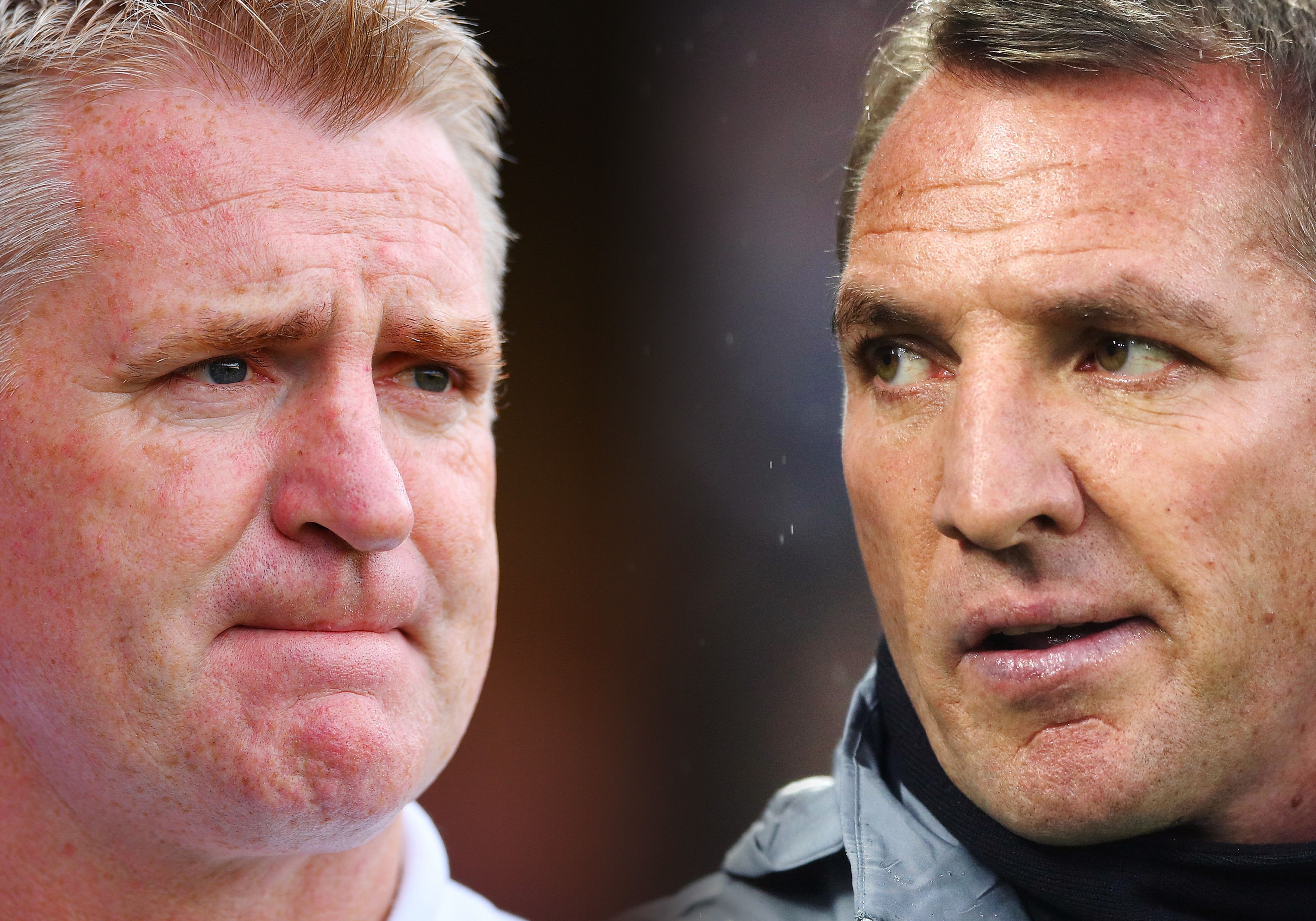 FILE PHOTO (EDITORS NOTE: COMPOSITE OF IMAGES - Image numbers 1163993514,1196044186 - GRADIENT ADDED) In this composite image a comparison has been made between Dean Smith, manager of Aston Villa (L) and Brendan Rodgers, Manager of Leicester City. Leicester City and Aston Villa meet in the first leg of the Carabao Cup Semi Final on January 8,2020. *** LEFT IMAGE*** WALSALL, ENGLAND - JULY 24: Dean Smith, manager of Aston Villa looks on prior to the Pre-Season Friendly match between Walsall and Aston Villa at Banks's Stadium on July 24, 2019 in Walsall, England. (Photo by Clive Mason/Getty Images) ***RIGHT IMAGE*** BRIGHTON, ENGLAND - NOVEMBER 23: Brendan Rodgers, Manager of Leicester City looks on prior to the Premier League match between Brighton & Hove Albion and Leicester City at American Express Community Stadium on November 23, 2019 in Brighton, United Kingdom. (Photo by Bryn Lennon/Getty Images)
