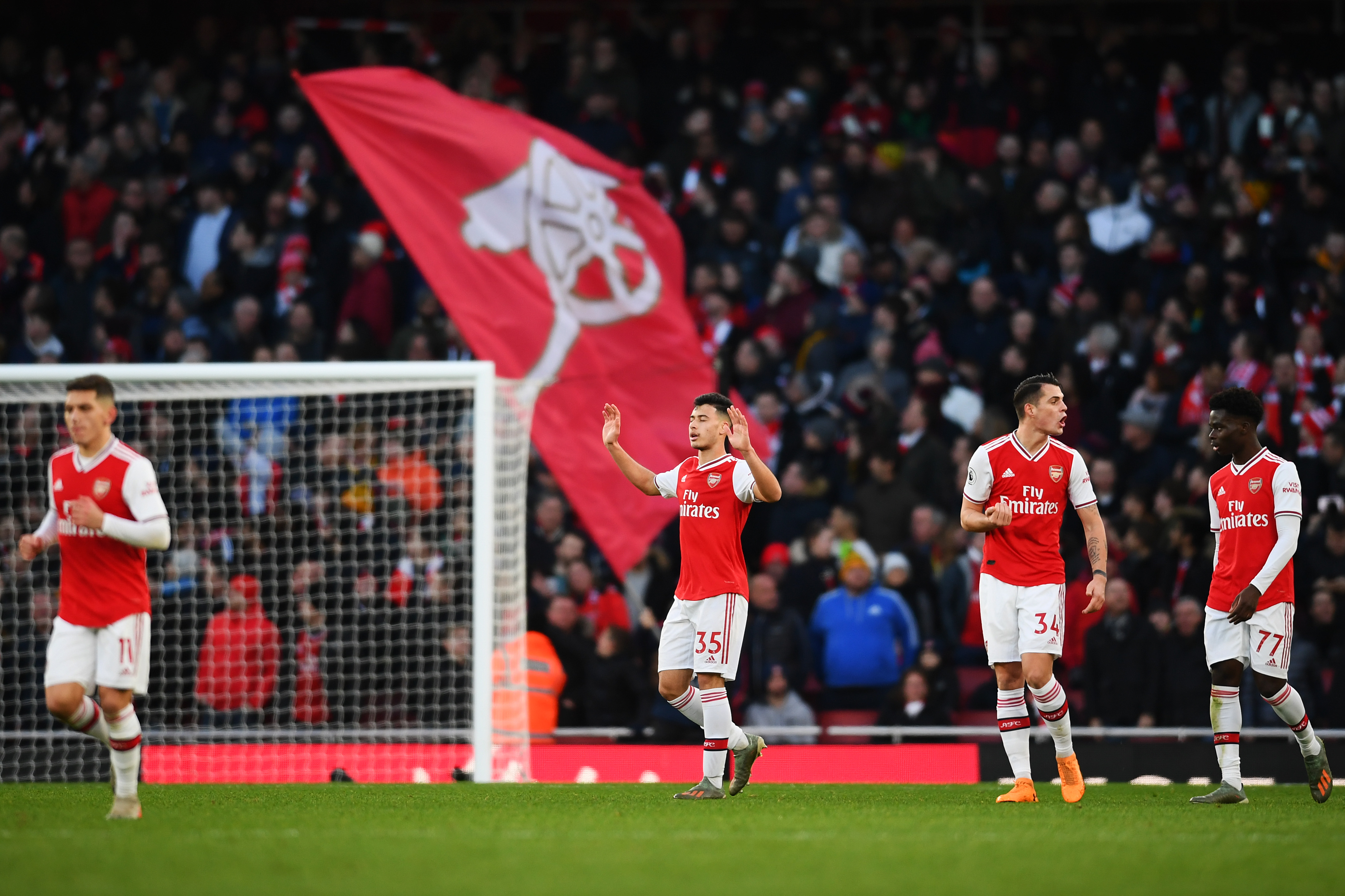 LONDON, ENGLAND - JANUARY 18: Gabriel Martinelli of Arsenal celebrates scoring his sides first goal during the Premier League match between Arsenal FC and Sheffield United at Emirates Stadium on January 18, 2020 in London, United Kingdom. (Photo by Clive Mason/Getty Images)