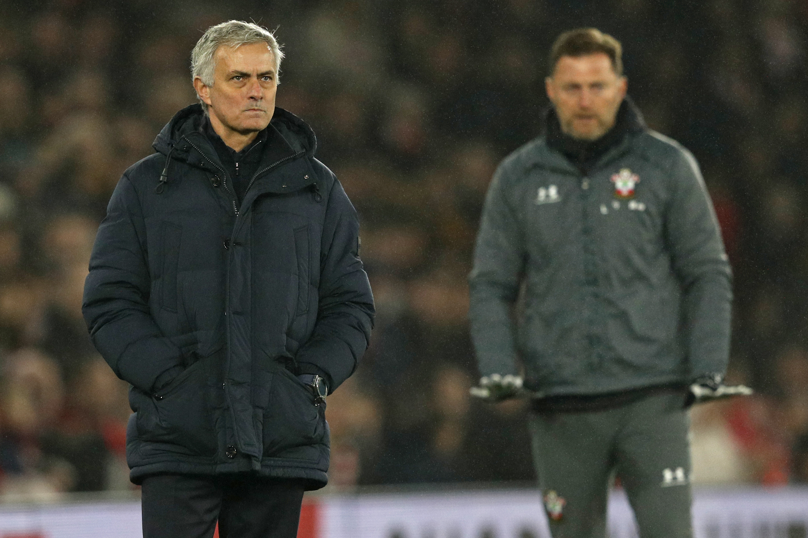Tottenham Hotspur's Portuguese head coach Jose Mourinho (L) and Southampton's Austrian manager Ralph Hasenhuttl (R) gesture on the touchline during the English Premier League football match between Southampton and Tottenham at St Mary's Stadium in Southampton, southern England on January 1, 2020. (Photo by Adrian DENNIS / AFP) / RESTRICTED TO EDITORIAL USE. No use with unauthorized audio, video, data, fixture lists, club/league logos or 'live' services. Online in-match use limited to 120 images. An additional 40 images may be used in extra time. No video emulation. Social media in-match use limited to 120 images. An additional 40 images may be used in extra time. No use in betting publications, games or single club/league/player publications. / (Photo by ADRIAN DENNIS/AFP via Getty Images)