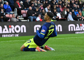 Southampton v Preston North End EFL Sky Bet Championship 01/11/2025. Goal 0-1 - Lewis Dobbin 17 of Preston North End celebrates scoring the opening goal during the EFL Sky Bet Championship match between Southampton and Preston North End at the St Mary s Stadium, Southampton, England on 1 November 2025. Southampton St Mary s Stadium Hampshire England Editorial use only DataCo restrictions apply See www.football-dataco.com , Copyright: xGrahamxHuntx PSI-23155-0047