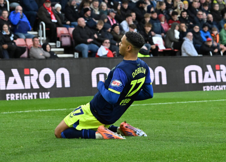 Southampton v Preston North End EFL Sky Bet Championship 01/11/2025. Goal 0-1 - Lewis Dobbin 17 of Preston North End celebrates scoring the opening goal during the EFL Sky Bet Championship match between Southampton and Preston North End at the St Mary s Stadium, Southampton, England on 1 November 2025. Southampton St Mary s Stadium Hampshire England Editorial use only DataCo restrictions apply See www.football-dataco.com , Copyright: xGrahamxHuntx PSI-23155-0047