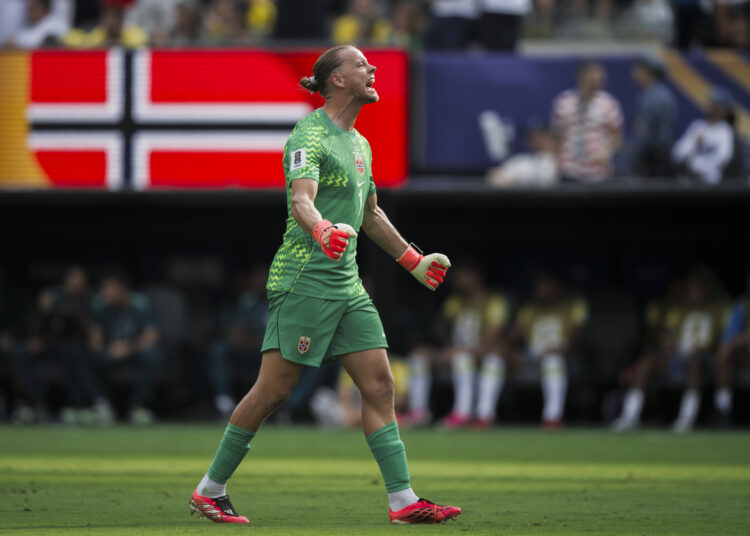 Brazil v Norway - FIFA World Cup, WM, Weltmeisterschaft, Fussball 2026 Orjan Nyland of Norway celebrates during the FIFA World Cup 2026 round of 16 football match between Brazil and Norway. Norway won 2-1 over Brazil. East Rutherford United States Copyright: xNicolòxCampox